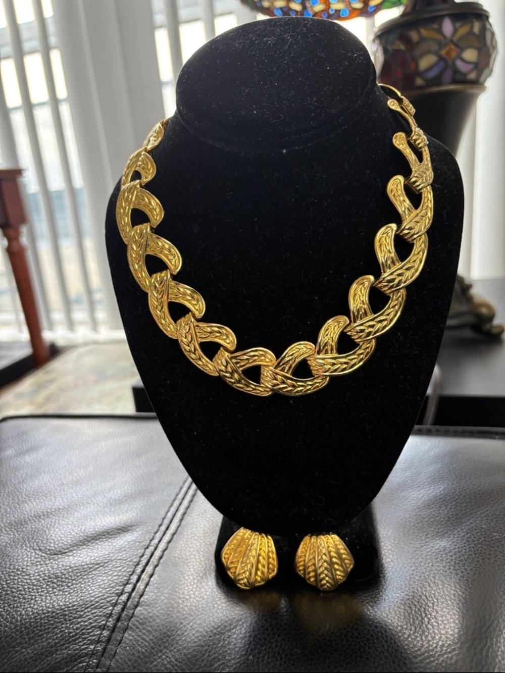 Vintage Bold Gold-Tone Link Necklace and Pierced Earrings